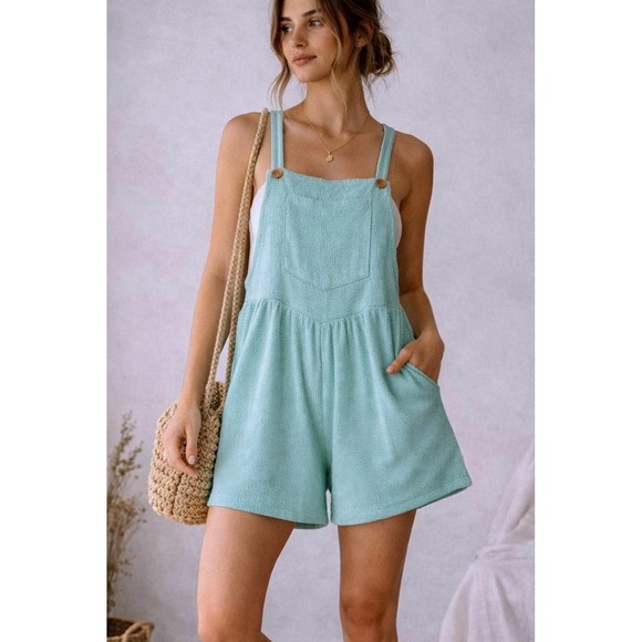 Vigorics Pants - Vigorics Waffle Knit Bib Overalls Relaxed Mint Green Size S Shortalls Romper